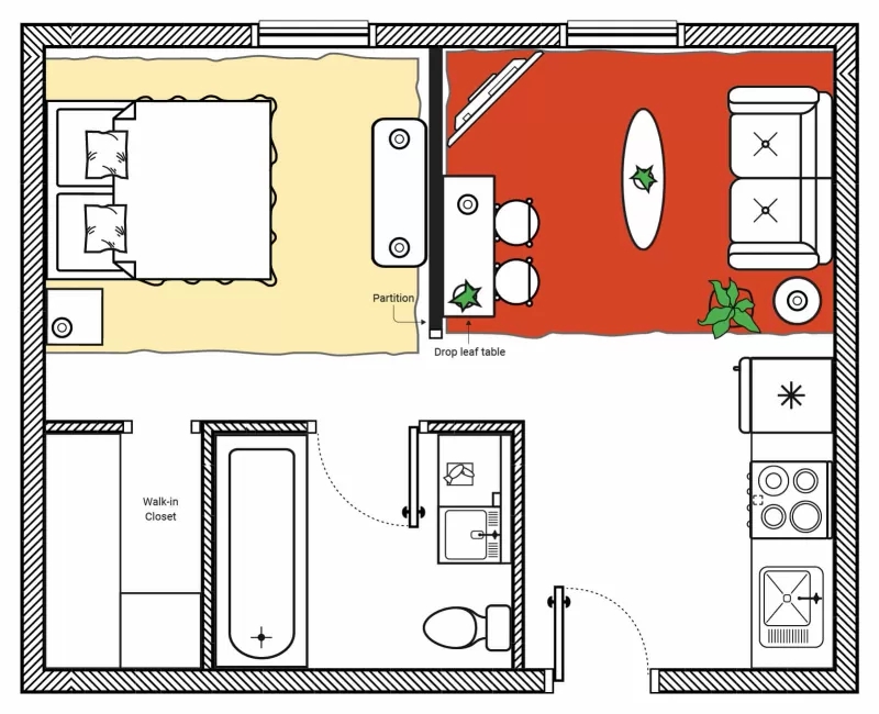Mặt bằng bố tr&iacute; nội thất căn hộ Studio với ph&ograve;ng kh&aacute;ch v&agrave; ph&ograve;ng ngủ nằm về một ph&iacute;a, ph&iacute;a c&ograve;n lại d&agrave;nh cho bếp, ph&ograve;ng tắm.