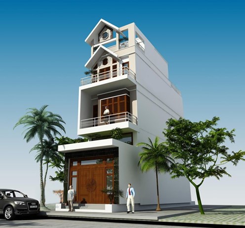 Phối cảnh 3D mẫu nhà ống 4 tầng có gác lửng