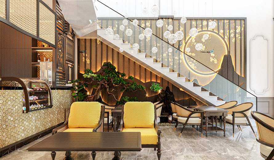 Không gian gầm cầu thang được tận dụng một cách tinh tế, decor tiểu cảnh đậm chất Đông Dương mang lại cảm giác ấm áp, gần gũi. Bộ đèn thả như những bông tuyết điểm xuyết.