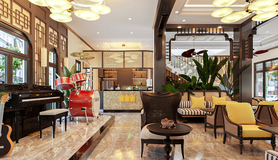 Thiết kế trần cao kết hợp cùng những khung cửa kính lớn trong suốt tạo không gian rộng rãi, thoáng sáng. Chất liệu gạch lát tôn thêm nét sang trọng cho quán cà phê.