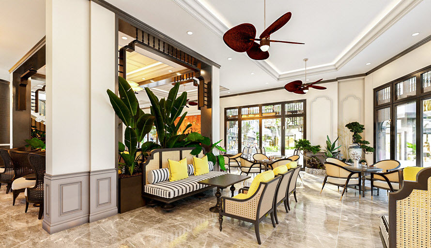 Bàn ghế phong cách Indochine nhiều kiểu dáng, kích cỡ nhằm phục vụ nhu cầu đa dạng của các thực khách tới đây.
