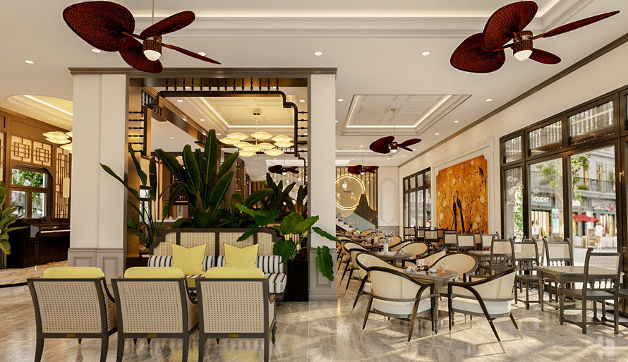Ở mọi góc nhìn đều có sự hiện diện của điểm nhấn tranh tường, cây xanh và khung cửa gỗ dạng vòm đặc trưng của phong cách Indochine.