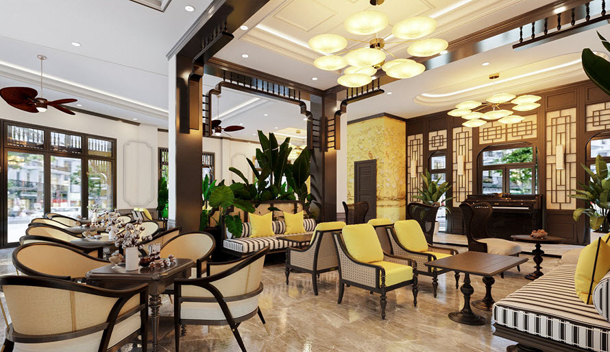 Tranh tường, nệm bọc ghế và đèn chùm cùng tông màu đậm chất Đông Dương tạo nên một tổng thể thống nhất, hài hòa.