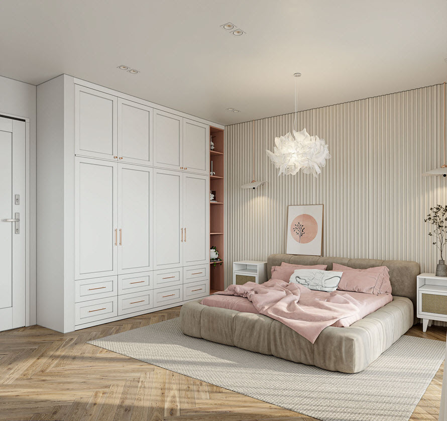 Sự hiện diện của sắc hồng lãng mạn không làm ảnh hưởng đến phong cách sang trọng của tổng thể không gian nội thất.