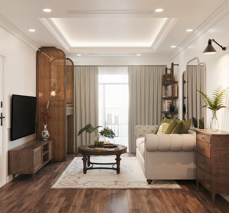 Kh&ocirc;ng gian sinh hoạt chung tho&aacute;ng s&aacute;ng nhờ cửa k&iacute;nh cao rộng mở ra ban c&ocirc;ng ph&ograve;ng kh&aacute;ch. Lam che tinh tế định vị gian thờ t&ocirc;n nghi&ecirc;m.