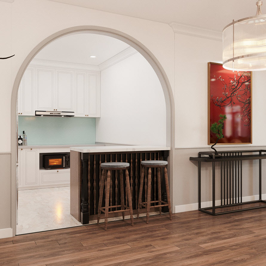 Khung v&ograve;m mềm mại, uyển chuyển dẫn lối v&agrave;o khu bếp tiện nghi của căn hộ 90m2. Bar nhỏ tạo sự ph&acirc;n t&aacute;ch tương đối với khu vực b&ecirc;n ngo&agrave;i.