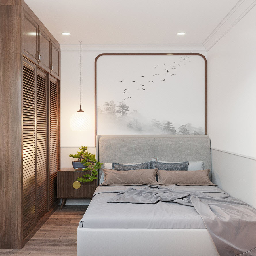 Ph&ograve;ng ngủ thứ ba trong căn hộ 90m2 to&aacute;t l&ecirc;n vẻ sang trọng, thanh lịch với gam m&agrave;u x&aacute;m nhạt kết hợp ăn &yacute; với sắc n&acirc;u gỗ.