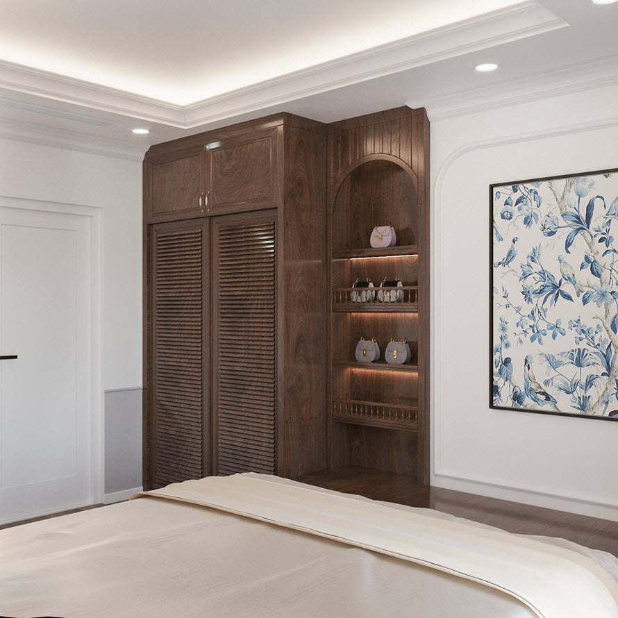 Tủ quần &aacute;o t&iacute;ch hợp kệ mở trang tr&iacute; gọn xinh trong ph&ograve;ng ngủ. Tranh tường họa tiết Đ&ocirc;ng Dương trang nh&atilde; nhẹ nh&agrave;ng tạo điểm nhấn.