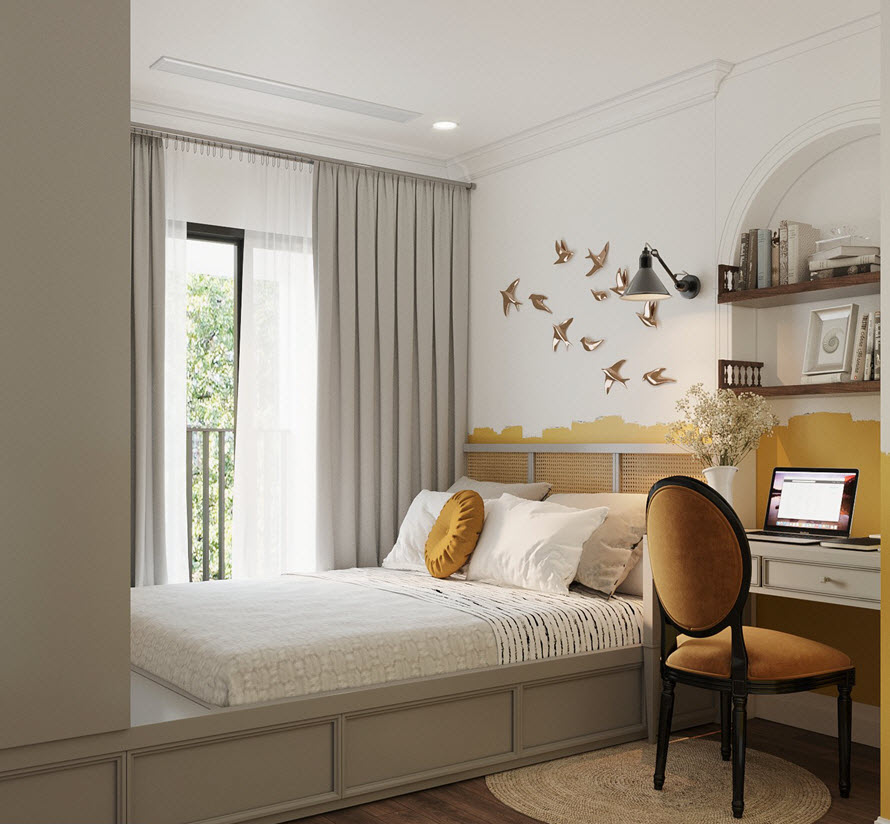 Ph&ograve;ng ngủ phối m&agrave;u v&agrave;ng - trắng, decor h&igrave;nh ảnh đ&agrave;n chim đầu giường
