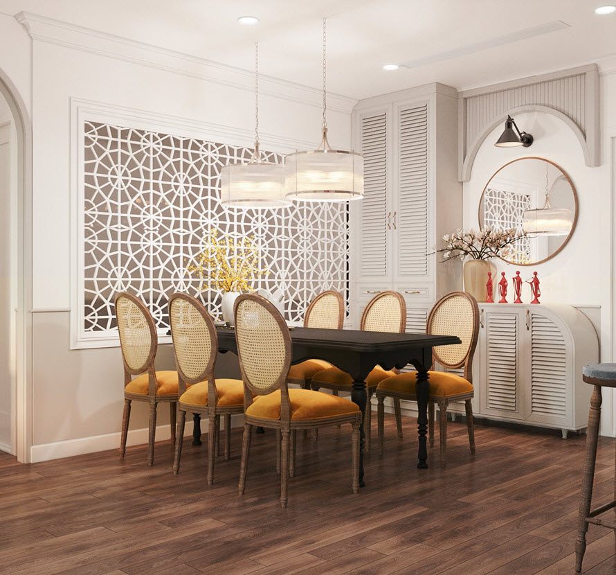 Sắc đỏ từ đồ decor v&agrave; m&agrave;u v&agrave;ng nắng từ nệm ghế, b&igrave;nh hoa l&agrave;m s&aacute;ng bừng kh&ocirc;ng gian ăn uống, tạo sinh kh&iacute; tr&agrave;n trề.