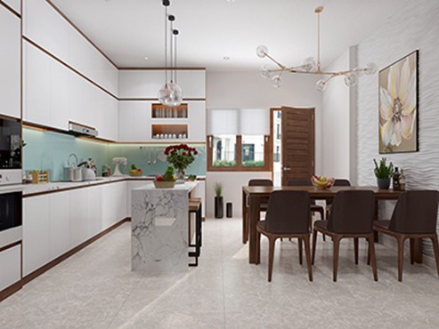 Kh&ocirc;ng gian bếp v&agrave; ph&ograve;ng ăn lu&ocirc;n th&ocirc;ng tho&aacute;ng, đ&oacute;n được &aacute;nh s&aacute;ng tự nhi&ecirc;n tối đa v&agrave;o ban ng&agrave;y nhờ cửa mở ra s&acirc;n sau nh&agrave;.