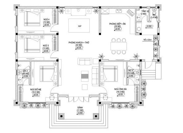 Mặt bằng bố tr&iacute; c&ocirc;ng năng nh&agrave; vườn 1 tầng m&aacute;i Th&aacute;i