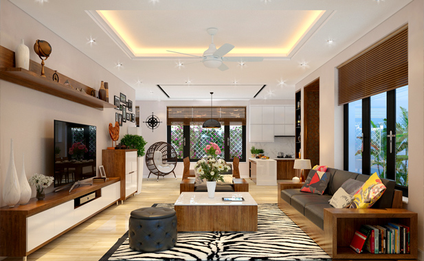 Ph&ograve;ng kh&aacute;ch nh&agrave; vườn rộng r&atilde;i, b&agrave;i tr&iacute; nội thất sang trọng với cửa k&iacute;nh lớn tạo tầm nh&igrave;n tho&aacute;ng đẹp ra s&acirc;n vườn b&ecirc;n ngo&agrave;i.