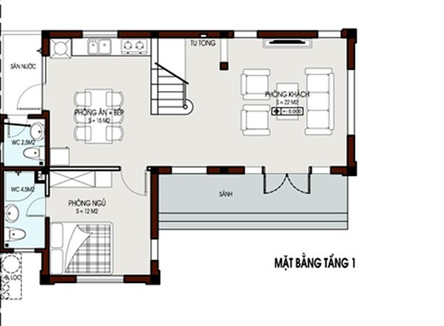 Mặt bằng tầng 1 nh&agrave; vườn m&aacute;i Th&aacute;i