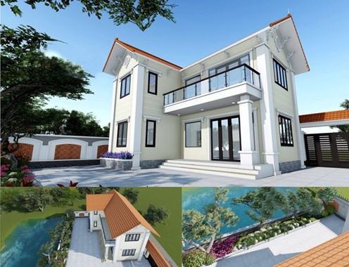 Phối cảnh kiến tr&uacute;c mẫu nh&agrave; vườn 2 tầng m&aacute;i Th&aacute;i hiện đại