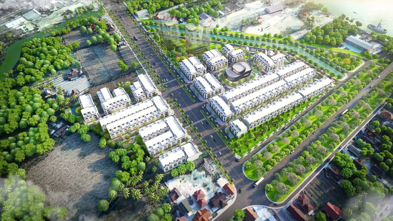 hình ảnh phối cảnh một khu dân cư, đô thị nhìn từ trên cao với nhà thấp tầng xen kẽ cây xanh, đường nội khu