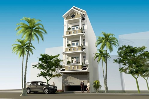 Phối cảnh mẫu nh&agrave; ống 4 tầng m&aacute;i Th&aacute;i