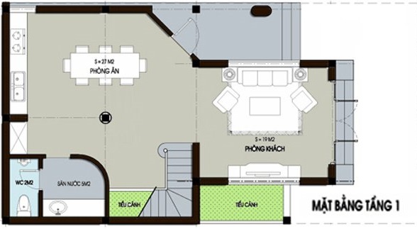 Mặt bằng c&ocirc;ng năng tầng 1 nh&agrave; ống hiện đại