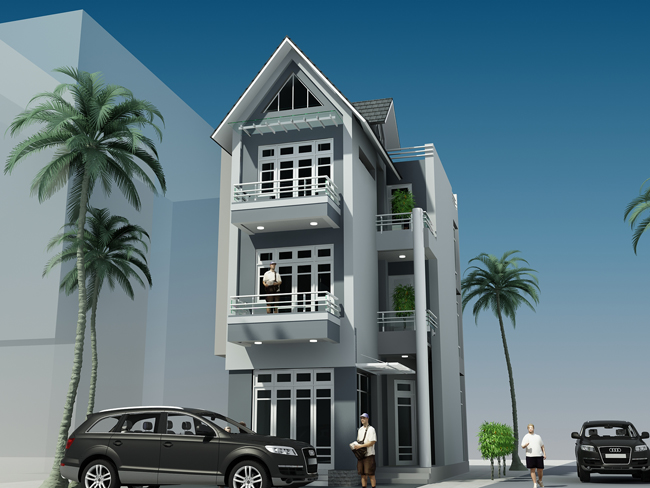 Phối cảnh 3D mẫu nh&agrave; ống 3 tầng hiện đại mặt tiền 7m