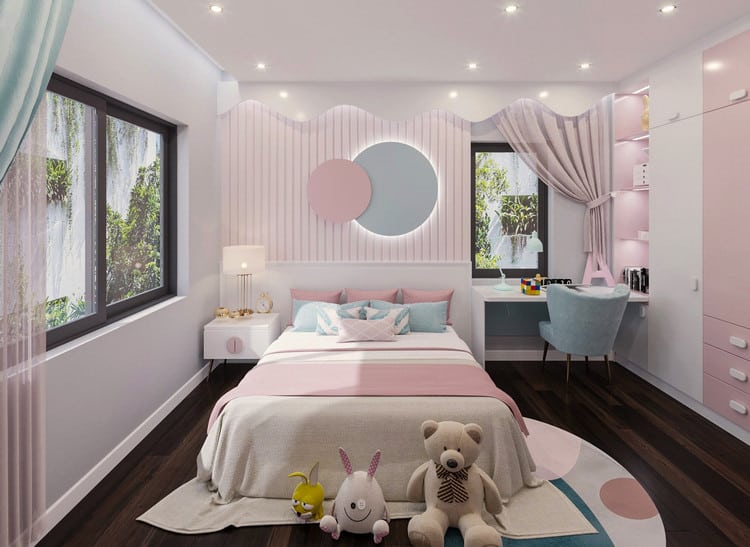Với ph&ograve;ng ngủ cho c&ocirc; con g&aacute;i, kiến tr&uacute;c sư ưu ti&ecirc;n sử dụng t&ocirc;ng m&agrave;u hồng pastel nhẹ nh&agrave;ng, nữ t&iacute;nh, hẳn sẽ khiến trẻ th&iacute;ch m&ecirc;.