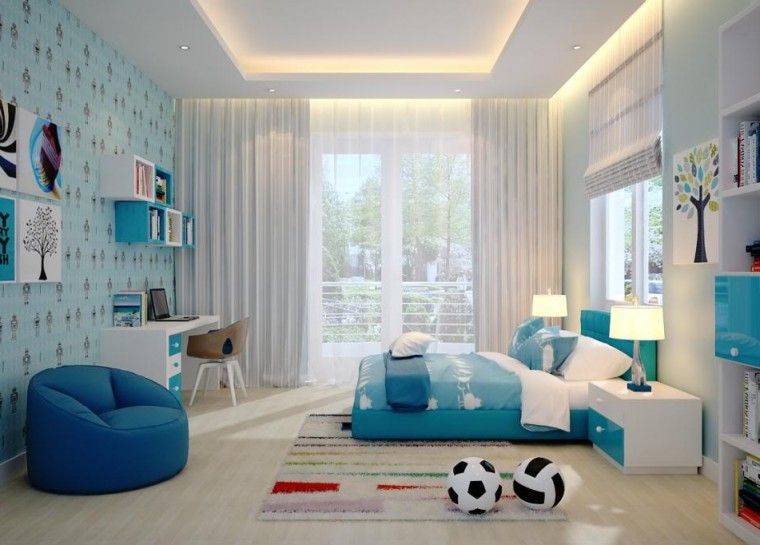 Ph&ograve;ng cho con trai với bảng m&agrave;u trắng - xanh da trời tươi mới, trẻ trung. Căn ph&ograve;ng tận dụng được &aacute;nh s&aacute;ng tự nhi&ecirc;n tối đa.