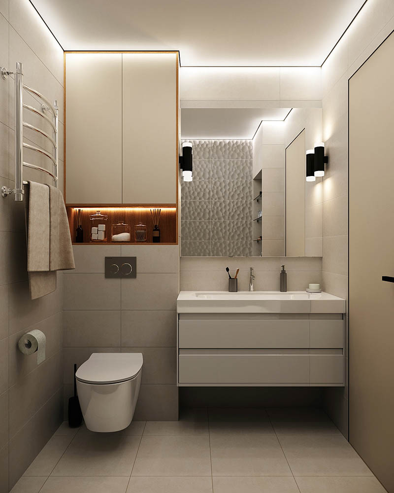Mẫu thiết kế ph&ograve;ng vệ sinh hiện đại, đủ đầy tiện &iacute;ch cho mẫu nh&agrave; ống 3 tầng. T&ocirc;ng m&agrave;u trung t&iacute;nh vừa sang, vừa tạo cảm gi&aacute;c sạch sẽ.