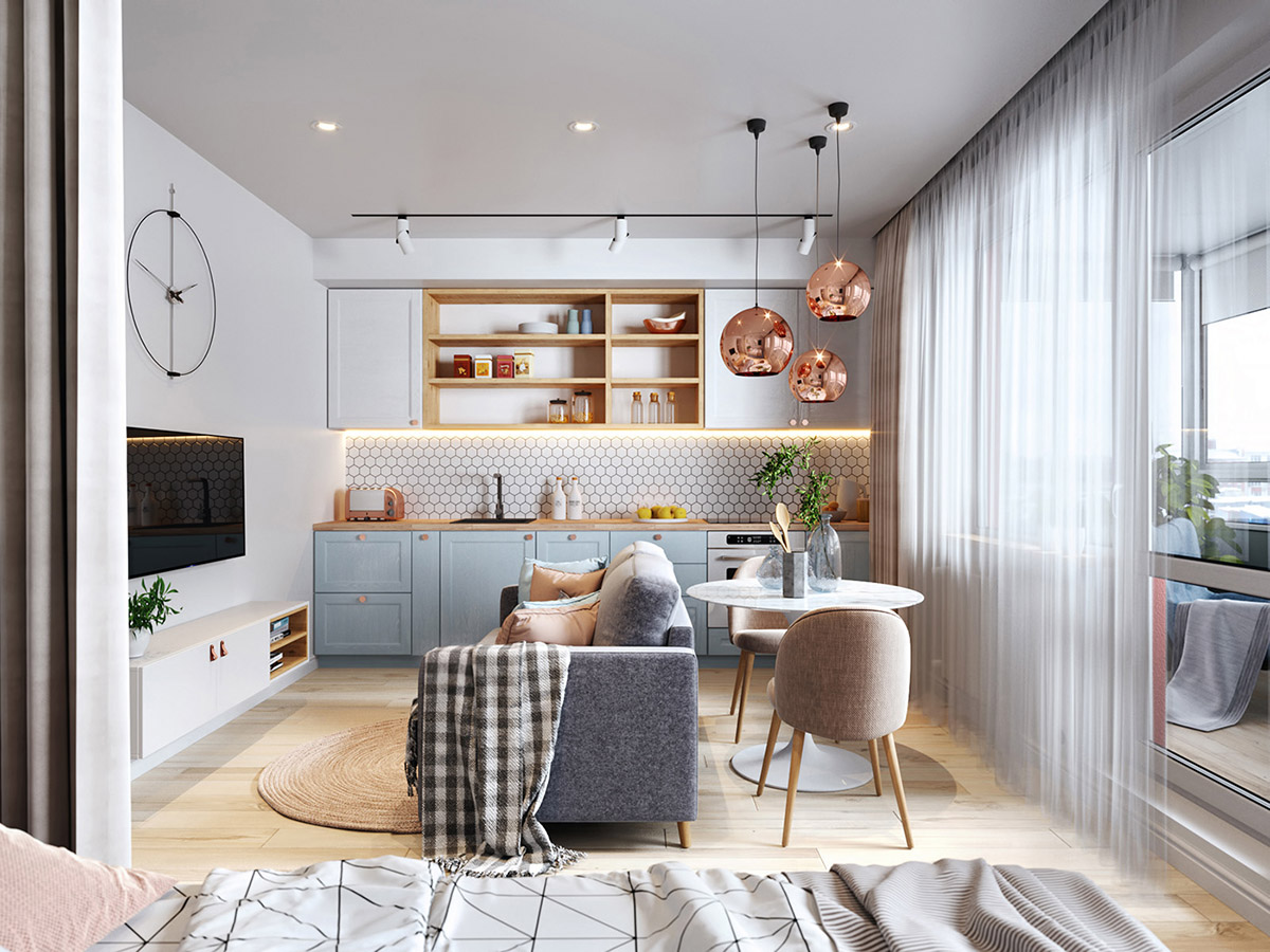 Căn hộ studio nhỏ n&agrave;y kh&ocirc;ng thể chứa một khu vực ăn uống rộng r&atilde;i. Bằng c&aacute;ch di chuyển ghế sofa v&agrave;o giữa s&agrave;n, một ph&ograve;ng ăn nhỏ mở ra b&ecirc;n cửa sổ.