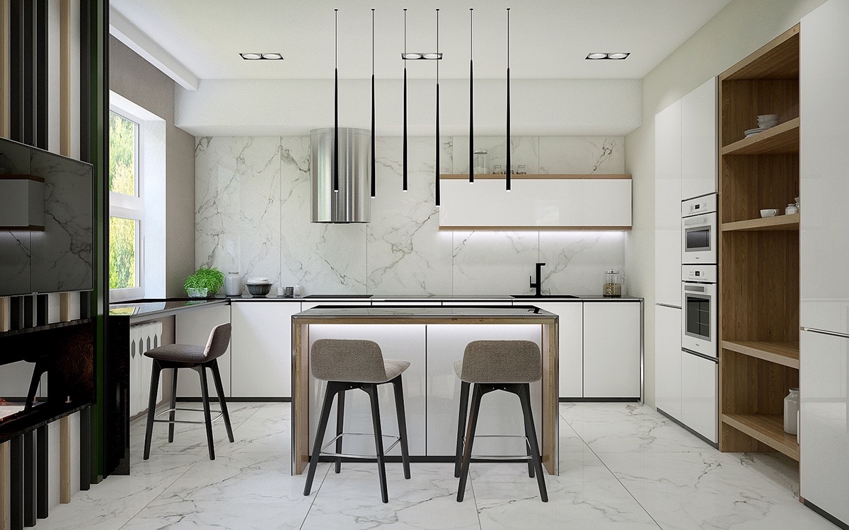Đèn thả bàn ăn với kiểu dáng hiện đại, tương xứng với trần nhà cao. Những mặt dây chuyền dài biến không gian trống thành tâm điểm nghệ thuật.