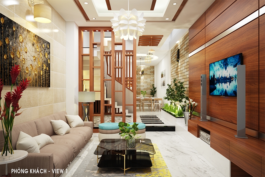 Ph&ograve;ng kh&aacute;ch nh&agrave; ống 55m2 c&oacute; thiết kế hiện đại, diện t&iacute;ch vừa phải nhưng vẫn đảm bảo sự th&ocirc;ng tho&aacute;ng, tiện nghi cho gia chủ.