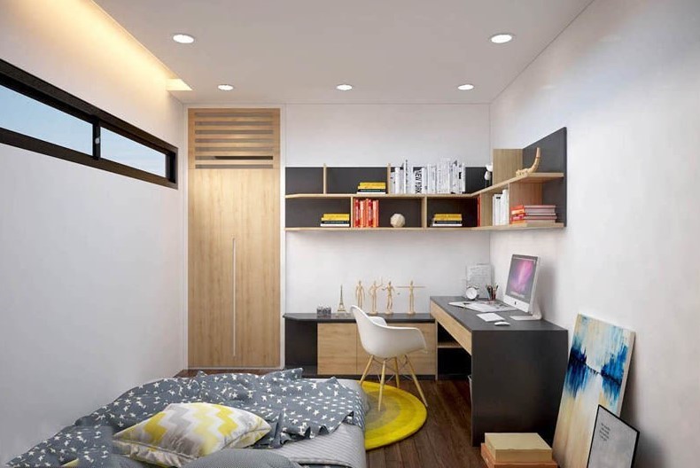 Ph&ograve;ng ngủ kết hợp ph&ograve;ng l&agrave;m việc tiện nghi d&agrave;nh cho con trai. Nội thất liền tường gi&uacute;p tối ưu h&oacute;a diện t&iacute;ch sử dụng.