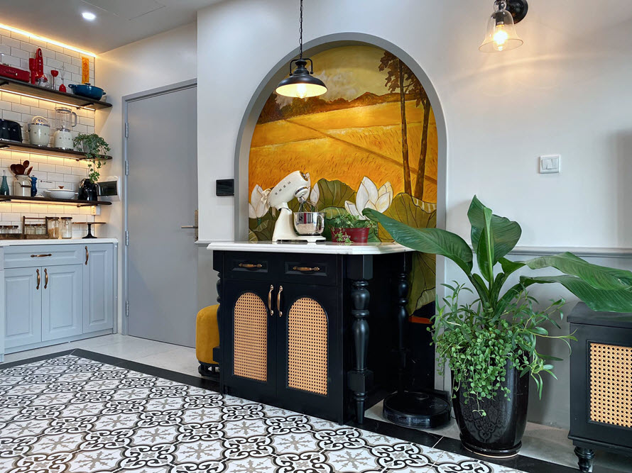 Tranh tường đậm chất Đ&ocirc;ng Dương lu&ocirc;n l&agrave; điểm nhấn trang tr&iacute; nổi bật khi thiết kế nội thất theo phong c&aacute;ch n&agrave;y.