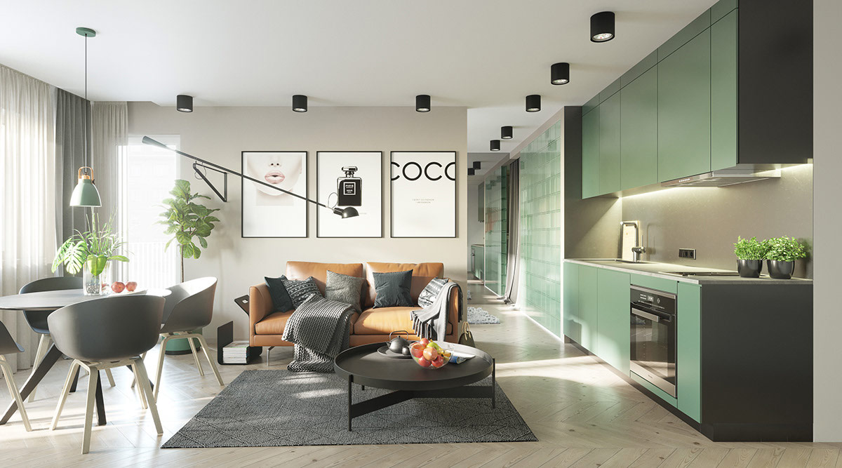 Ph&ograve;ng kh&aacute;ch phong c&aacute;ch mở đủ đầy tiện &iacute;ch cho cuộc sống hiện đại. Sắc xanh l&aacute; c&acirc;y từ hệ tủ bếp v&agrave; những chậu cảnh xanh mướt l&agrave;m s&aacute;ng bừng kh&ocirc;ng gian.