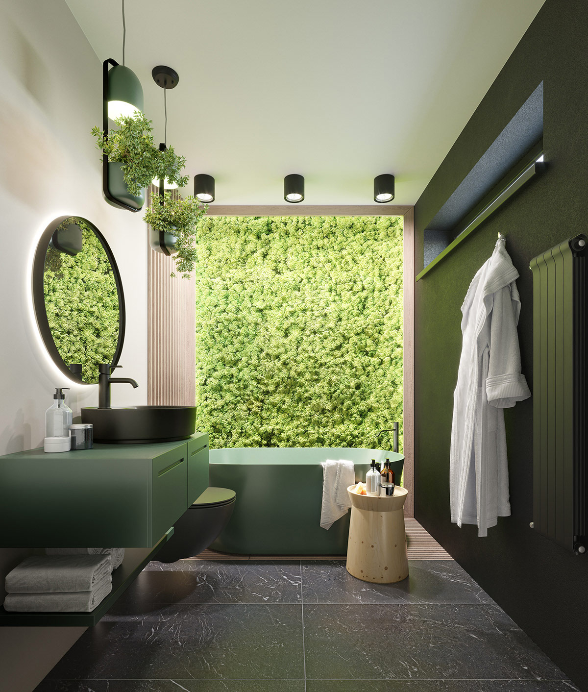 Một bồn tắm m&agrave;u xanh l&aacute; c&acirc;y v&agrave; vườn thẳng đứng độc đ&aacute;o, g&acirc;y ấn tượng thị gi&aacute;c mạnh mẽ ngay từ c&aacute;i nh&igrave;n đầu ti&ecirc;n.