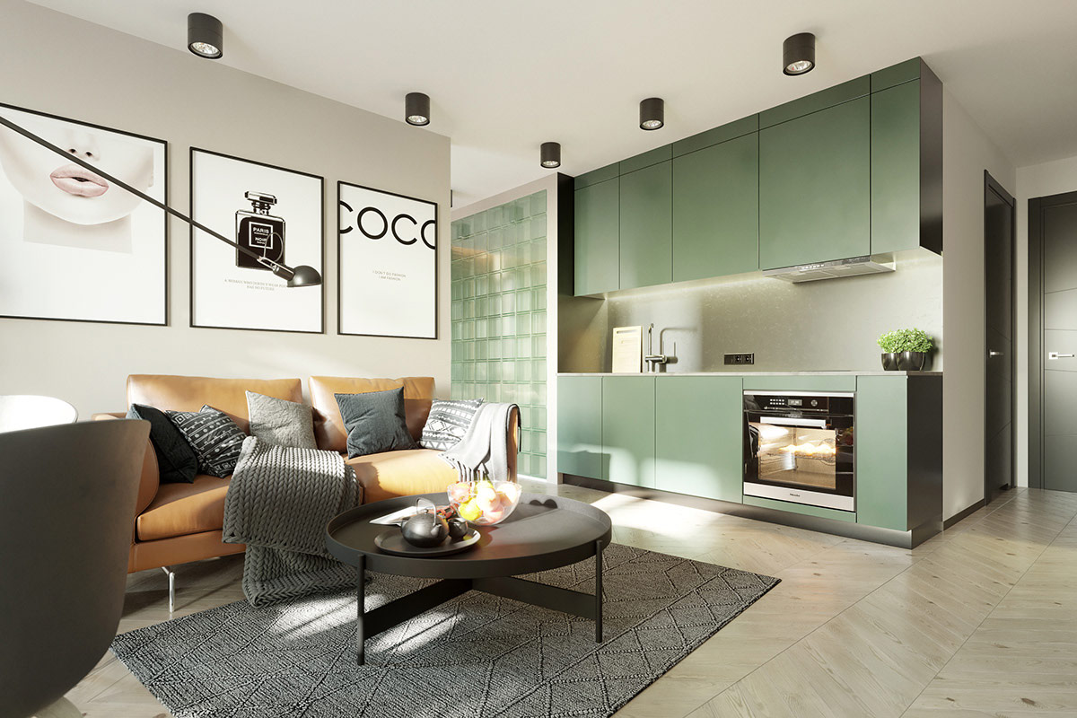 Ghế sofa m&agrave;u n&acirc;u tạo sự tương phản ấm &aacute;p với thiết kế nh&agrave; bếp m&agrave;u xanh l&aacute; c&acirc;y ngay cạnh.
