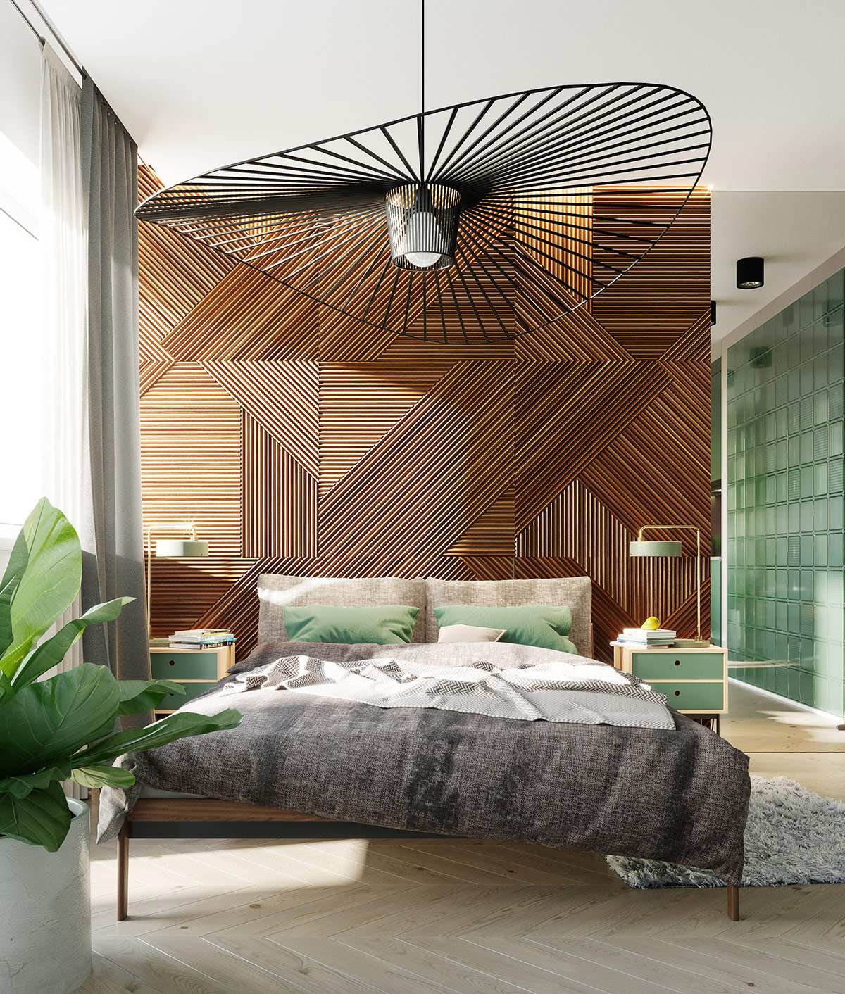 Ph&ograve;ng ngủ phong c&aacute;ch nhiệt đới kết hợp hiện đại với bức tường đầu giường ốp gỗ v&agrave; những điểm nhấn m&agrave;u xanh l&aacute; c&acirc;y nổi bật. Những chiếc gối m&agrave;u xanh l&aacute; l&agrave;m s&aacute;ng bộ chăn ga m&agrave;u x&aacute;m, trong khi đ&egrave;n b&agrave;n đầu giường m&agrave;u xanh l&aacute; cực bắt mắt.