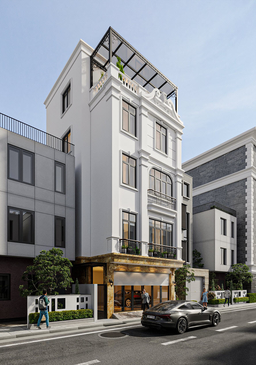 Đ&aacute; ho&agrave;n thiện mặt ngo&agrave;i tầng trệt t&ocirc;ng m&agrave;u v&agrave;ng đồng tạo điểm nhấn ấm &aacute;p, sang trọng cho ngoại thất nh&agrave; phố.