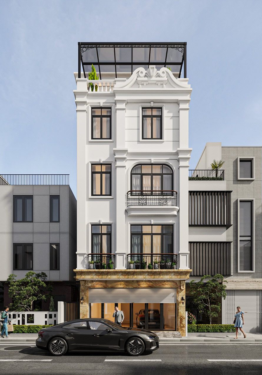 Phối cảnh kiến tr&uacute;c mặt tiền căn nh&agrave; phố 75m2, 4 tầng 1 tum theo phong c&aacute;ch Indochine nhẹ nh&agrave;ng, thanh tho&aacute;t.