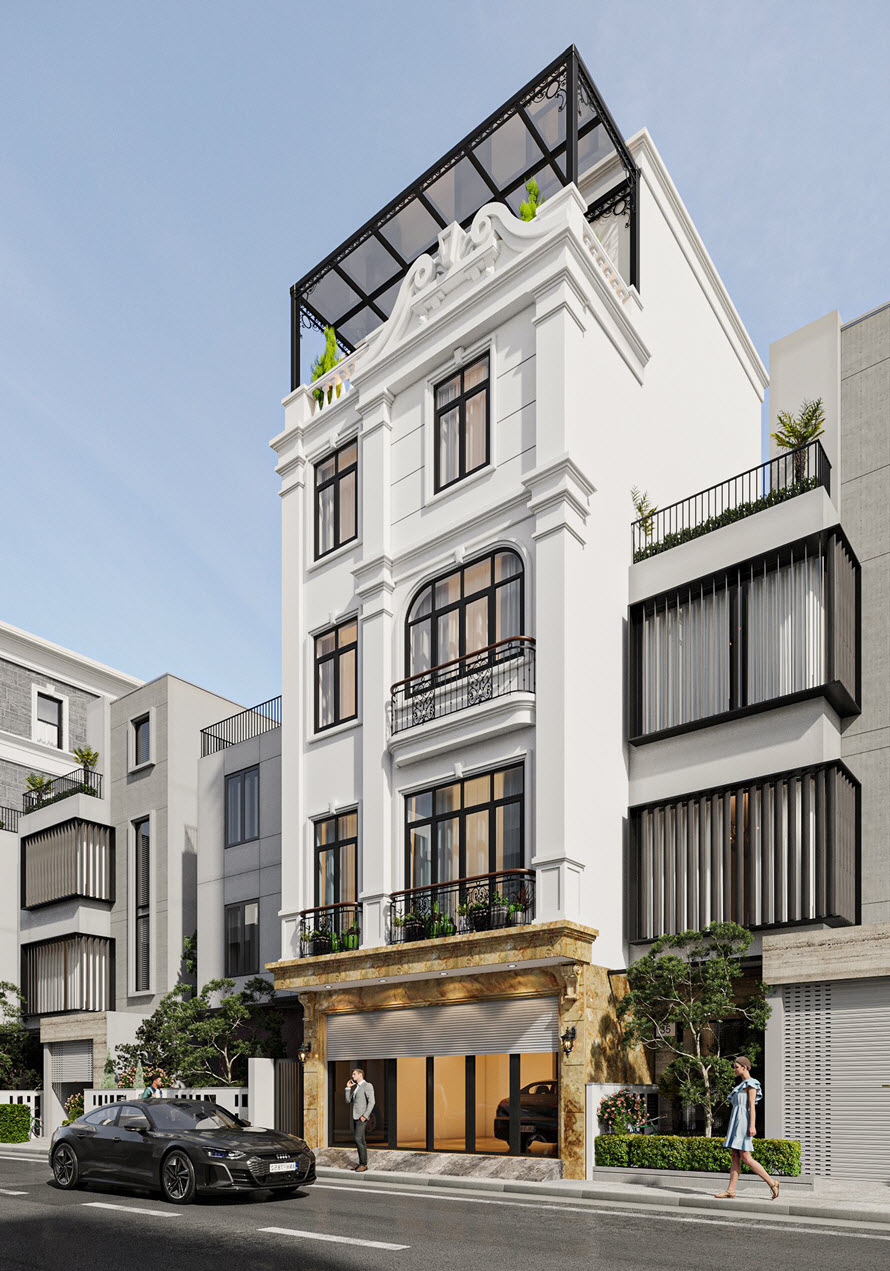 T&ocirc;ng m&agrave;u trắng tinh kh&ocirc;i mang lại vẻ hiện đại, trẻ trung cho c&ocirc;ng tr&igrave;nh, đồng thời gi&uacute;p l&agrave;m nổi bật hệ khung cửa gỗ sẫm m&agrave;u.