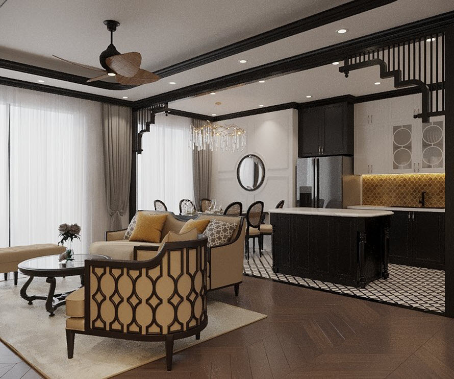 Những chiếc gối tựa m&agrave;u v&agrave;ng ở sofa c&ugrave;ng t&ocirc;ng với gạch ốp tường bếp tạo sự li&ecirc;n kết ăn &yacute; giữa ph&ograve;ng kh&aacute;ch v&agrave; bếp.