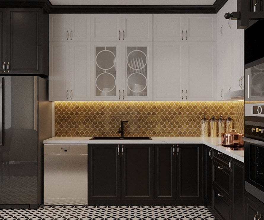 Hệ tủ bếp kịch trần cung cấp kh&ocirc;ng gian lưu trữ thoải m&aacute;i m&agrave; kh&ocirc;ng hề tạo cảm gi&aacute;c nặng nề nhờ sắc trắng thuần khiết.