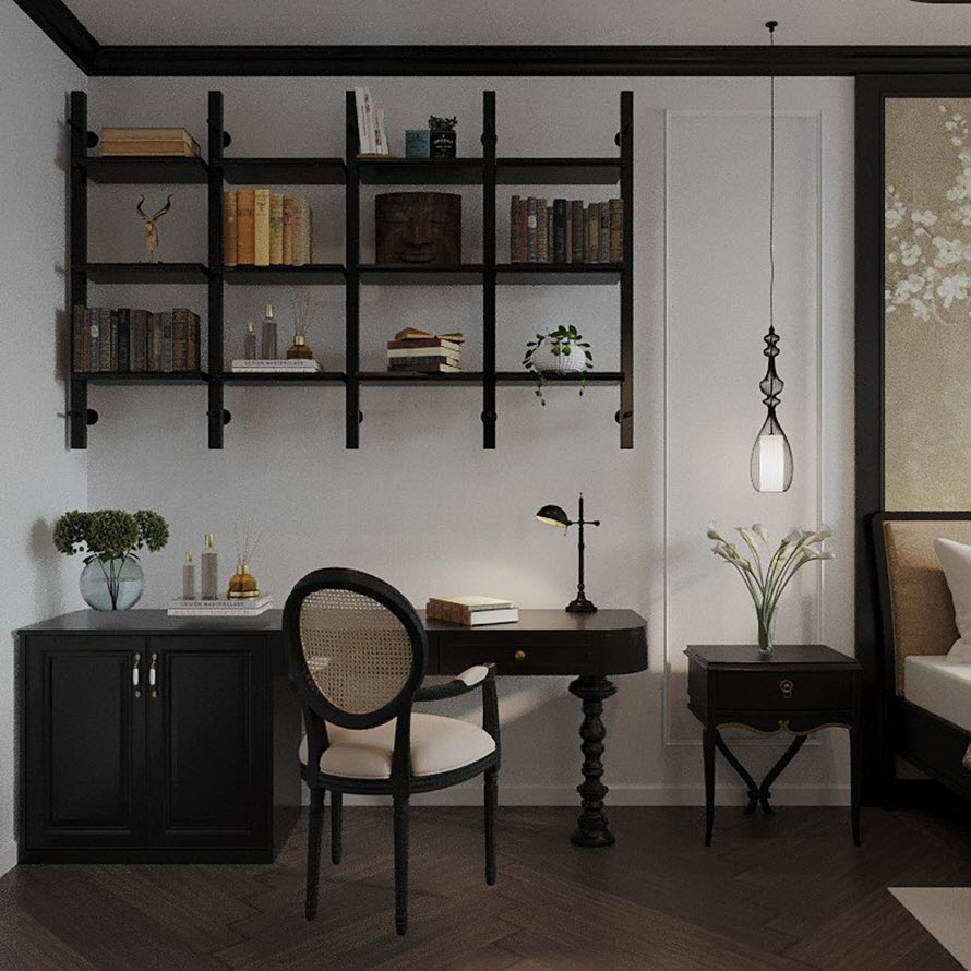 Ph&ograve;ng l&agrave;m việc tại nh&agrave; với đủ đầy tiện &iacute;ch thiết yếu. Đ&egrave;n thả trần, b&igrave;nh hoa nhấn nh&aacute;, tạo sự mềm mại cho kh&ocirc;ng gian.