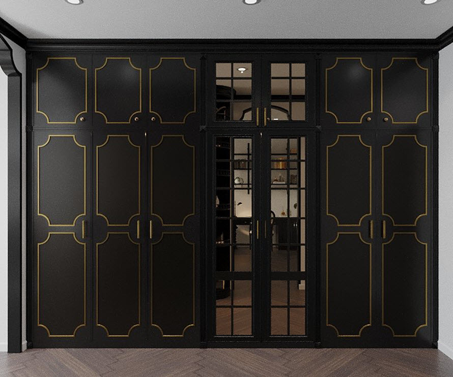 Tủ lưu trữ cao rộng, thiết kế sang trọng với những đường kẻ chỉ m&agrave;u v&agrave;ng đồng mang đậm dấu ấn của phong c&aacute;ch Đ&ocirc;ng Dương.