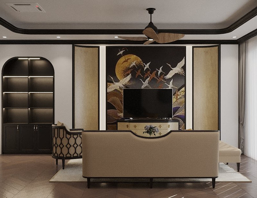 Bức tranh tường đậm chất Đ&ocirc;ng Dương mang lại cảm gi&aacute;c b&igrave;nh y&ecirc;n, thư gi&atilde;n.