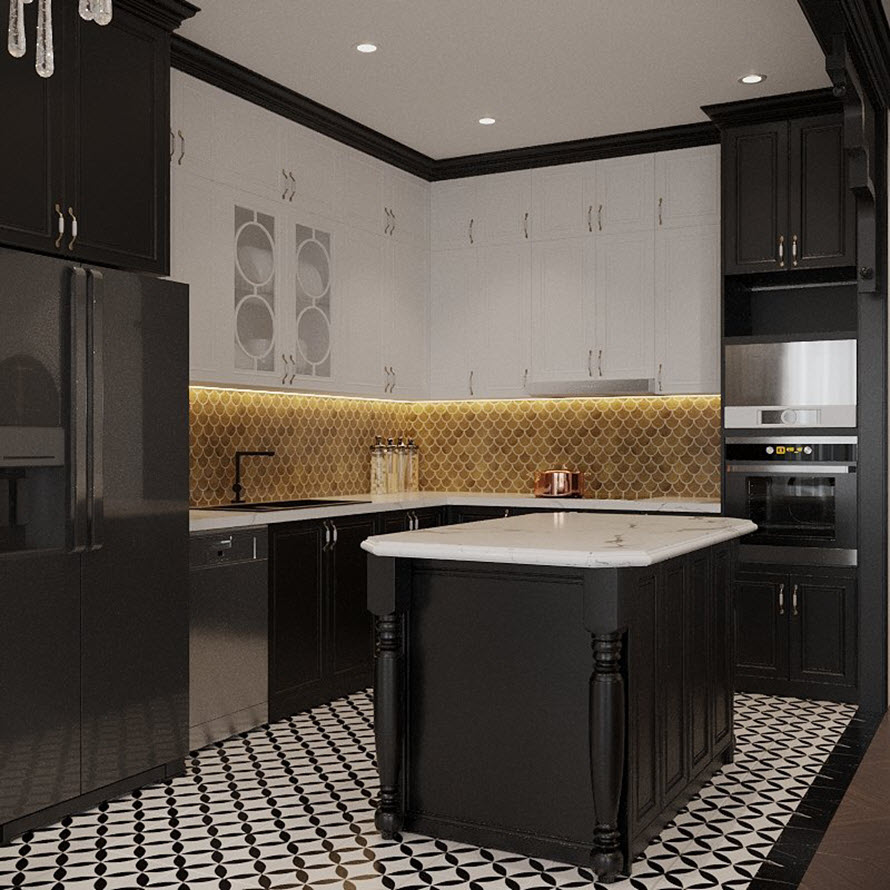 Đảo bếp trung t&acirc;m cung cấp bề mặt rộng tho&aacute;ng cho việc chế biến, b&agrave;y biện đồ ăn. Nội thất m&agrave;u đen tuyền mang đến vẻ sang trọng.