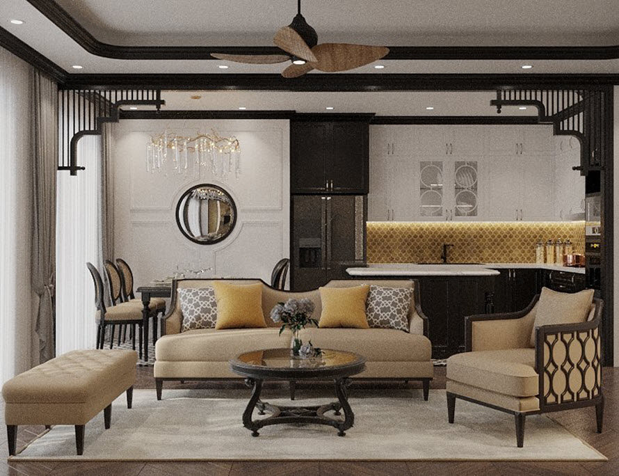 To&agrave;n cảnh ph&ograve;ng kh&aacute;ch nh&agrave; phố 75m2