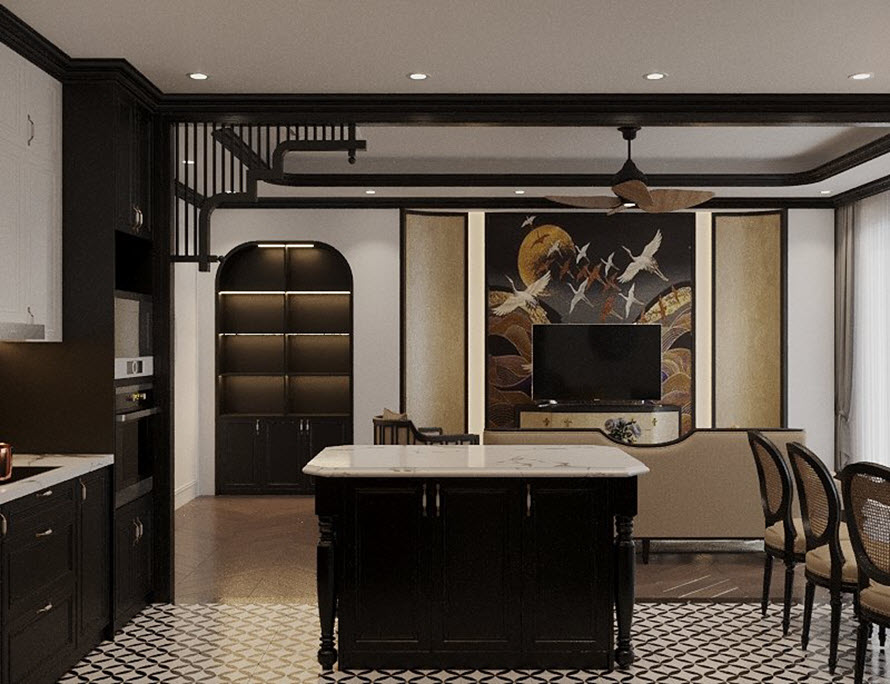 Với thiết kế li&ecirc;n th&ocirc;ng kh&ocirc;ng tường ngăn, c&aacute;c th&agrave;nh vi&ecirc;n gia đ&igrave;nh c&oacute; thể tương t&aacute;c với nhau d&ugrave; đang ở ph&ograve;ng kh&aacute;ch hay bếp.