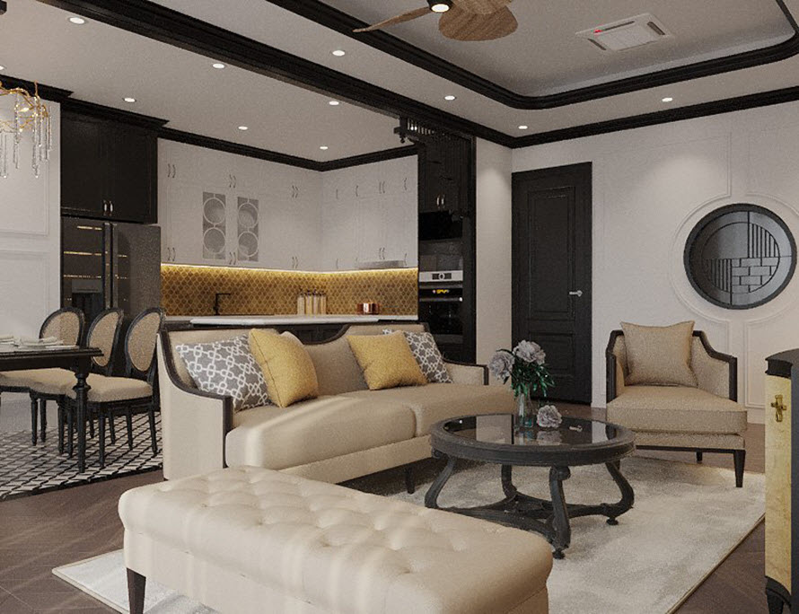 Nội thất trong căn nh&agrave; phố được b&agrave;i tr&iacute; kh&eacute;o l&eacute;o. Ghế sofa cũng trở th&agrave;nh v&aacute;ch ngăn lửng giữa c&aacute;c khu vực chức năng. 