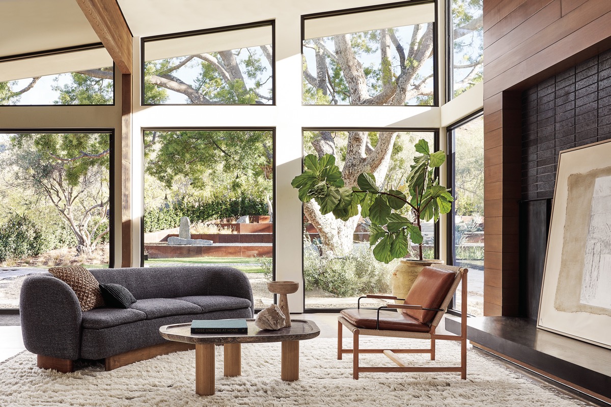 Chậu c&acirc;y xanh tốt trong ph&ograve;ng kh&aacute;ch tạo sự kết nối liền mạch với s&acirc;n vườn b&ecirc;n ngo&agrave;i. Căn ph&ograve;ng sở hữu tầm nh&igrave;n tuyệt đẹp.