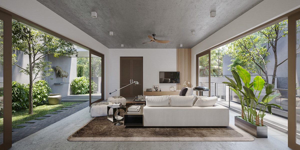 S&acirc;n trong nh&agrave; phố tạo ra một sự thay đổi tuyệt vời cho kh&ocirc;ng gian ph&ograve;ng kh&aacute;ch. Dường như kh&ocirc;ng c&ograve;n ranh giới giữa b&ecirc;n trong v&agrave; b&ecirc;n ngo&agrave;i nh&agrave;.