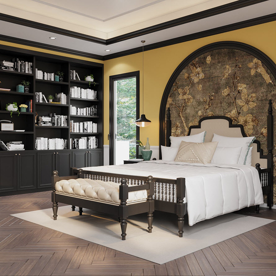 Giá kệ âm tường cao rộng cung cấp không gian trữ sách thoải mái cho gia chủ. Căn phòng có cửa mở ra bên ngoài sân vườn nên rất thoáng đãng.
